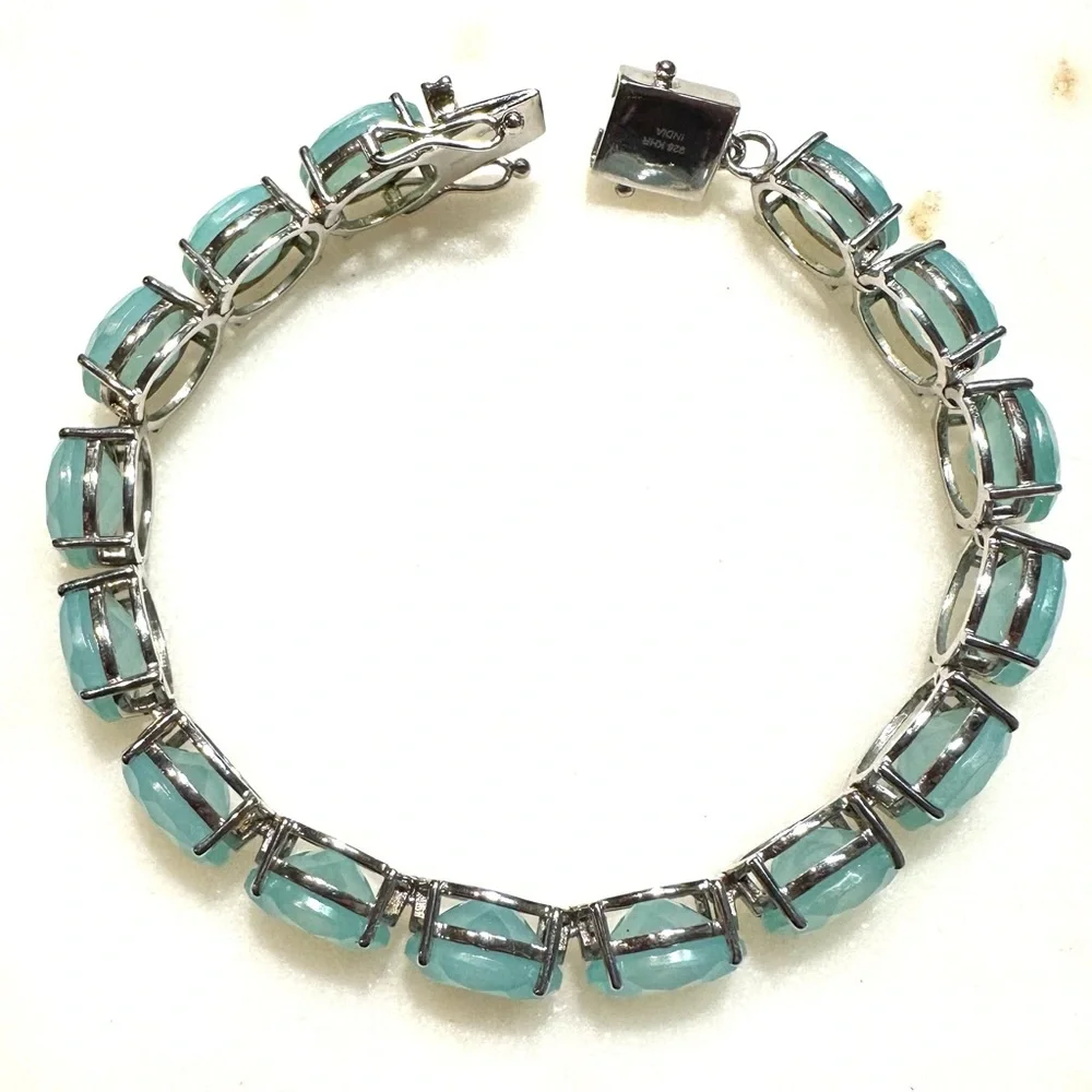 Oval Faceted Aqua Blue Chalcedony Sterling Silver Line Tennis Bracelet 12mm